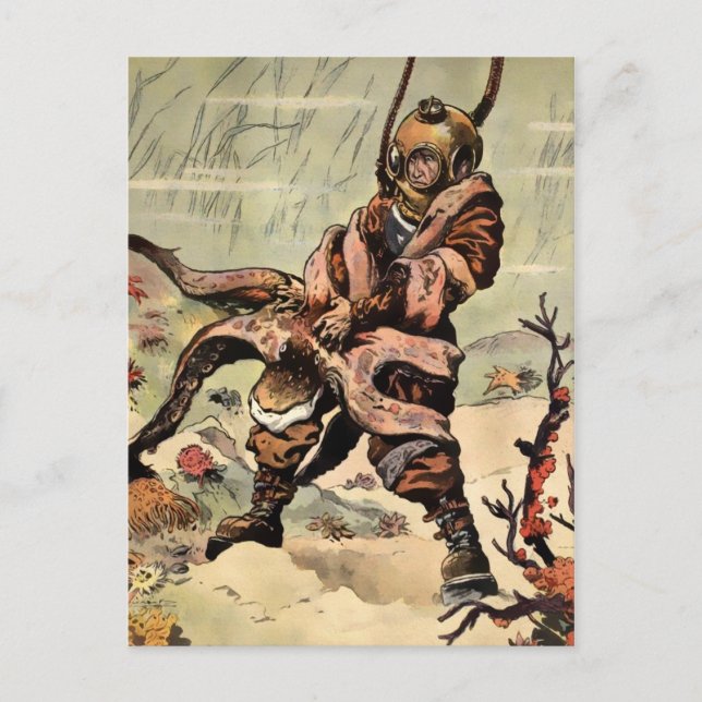 Vintage Victorian Octopus Diver Fight Postcard (Front)
