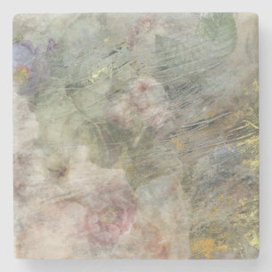 Vintage Victorian Oil Canvas Pink Purple Floral Stone Coaster