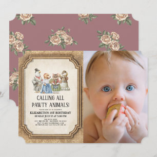 Vintage Victorian Pawty Animal Girl Photo Birthday Invitation