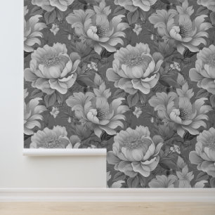 Vintage Victorian Peonies Large Floral Grayscale Wallpaper