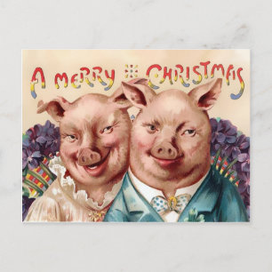 Vintage Victorian Pigs Christmas Postcard