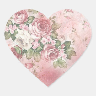 Vintage Victorian pink and white Roses Elegant Heart Sticker