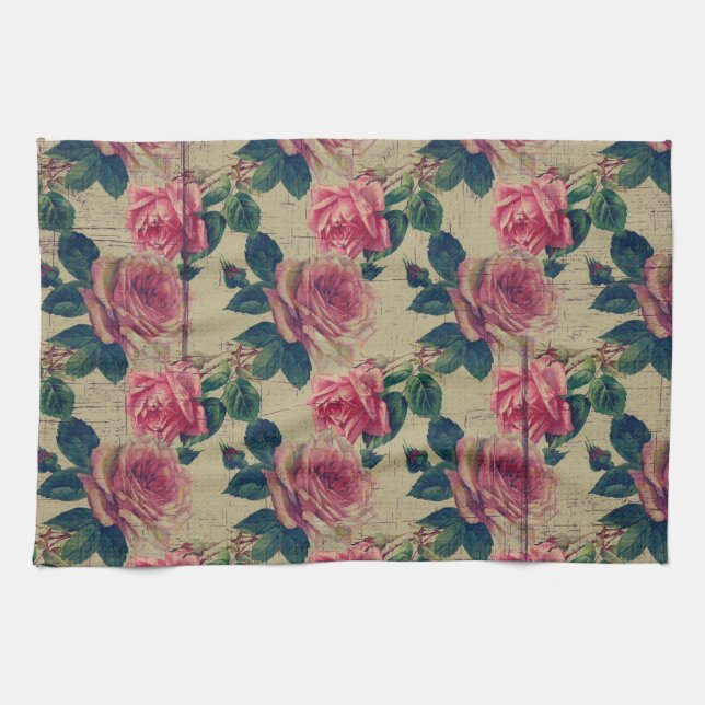 Vintage Victorian Pink Flowers Tea Towel (Horizontal)
