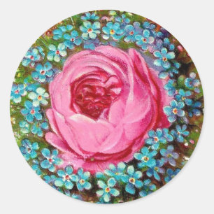 Vintage Victorian Pink Rose & Blue Flowers Classic Round Sticker