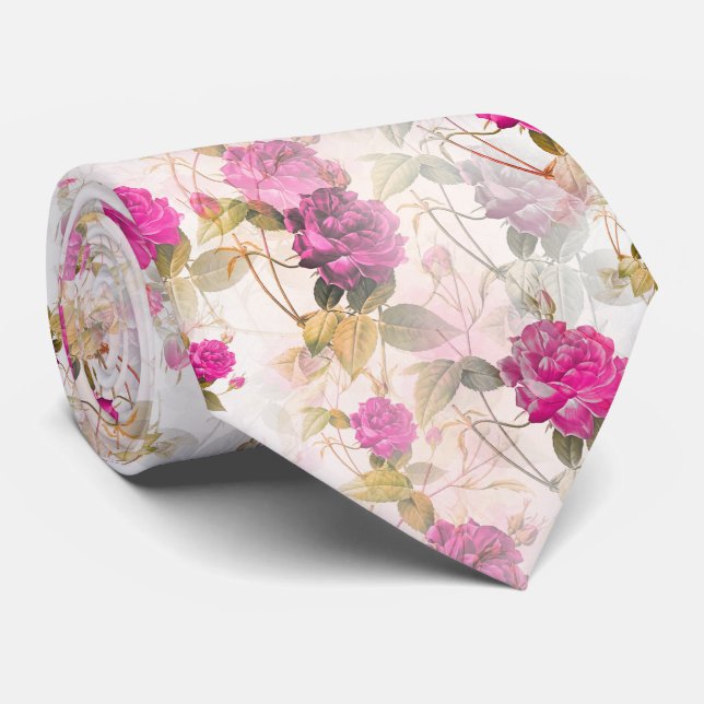 Vintage Victorian Pink Rose Flower Pattern Tie (Rolled)