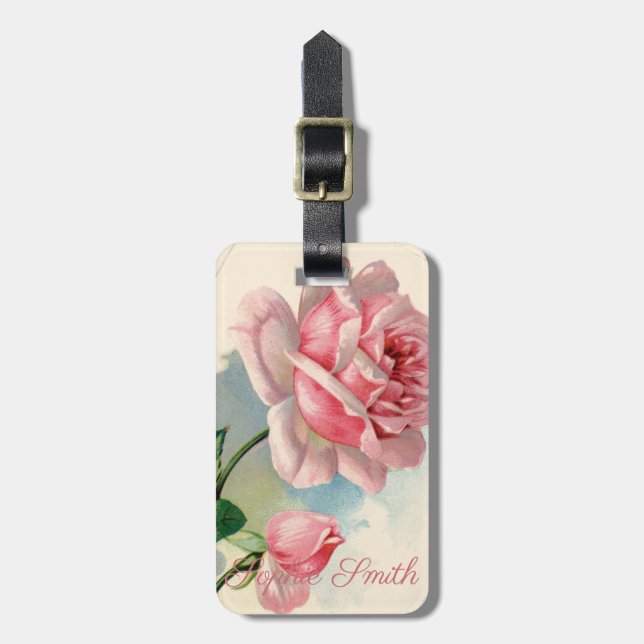 Vintage/Victorian Pink Rose Personnalised Luggage Tag (Front Vertical)