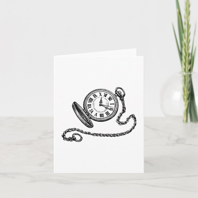 Vintage Victorian Pocket Watch Line Art Card (Front)