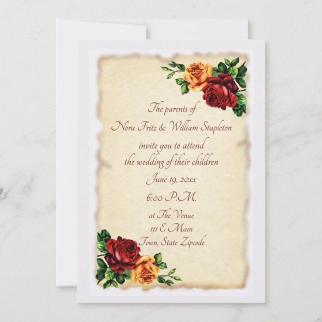 Vintage Victorian Red and Yellow Roses Invitation (Front)