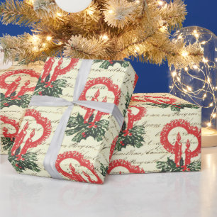 Vintage Victorian Red Green Christmas Holly Candle Wrapping Paper