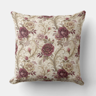 Vintage Victorian Roses - Burgundy Floral Design Cushion