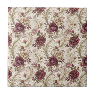 Vintage Victorian Roses - Burgundy Floral Design Tile