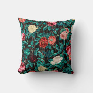 Vintage Victorian Roses on Striped Black and Grey Cushion