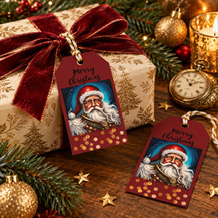 Vintage Victorian Santa Claus Burgundy Gold Gift Tags
