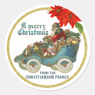 Vintage Victorian Santa in Antique Car Sleigh Classic Round Sticker