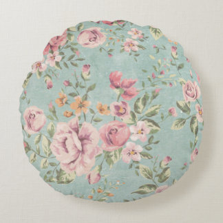 Vintage victorian shabby chic pale blue floral red round cushion