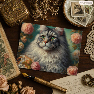 Vintage Victorian Silver Maine Coon Cat Postcard