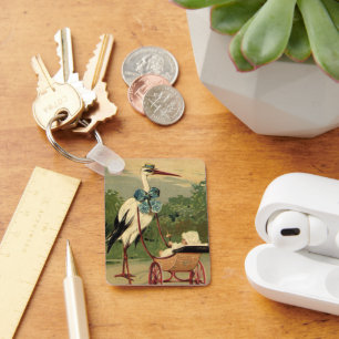 Vintage Victorian Stork and Baby Carriage Key Ring