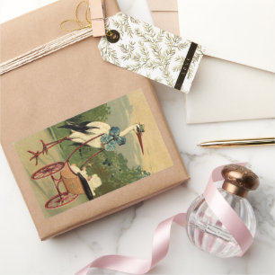 Vintage Victorian Stork and Baby Carriage Rectangular Sticker