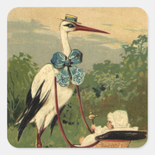Vintage Victorian Stork and Baby Carriage Square Sticker