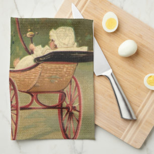 Vintage Victorian Stork and Baby Carriage Tea Towel