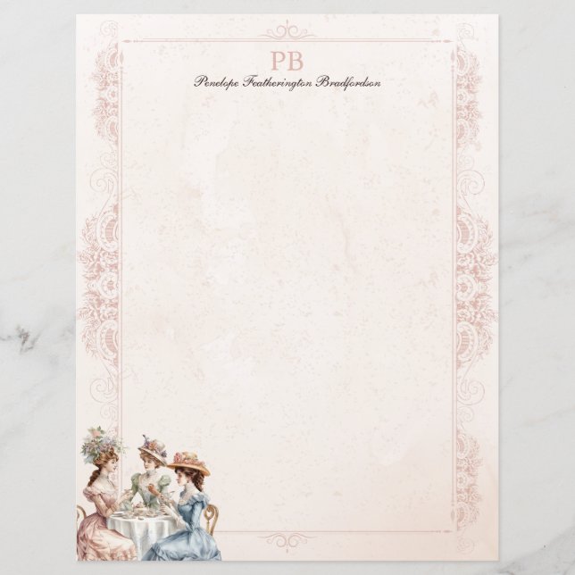 Vintage Victorian Tea Monogrammed Stationery Paper (Front)