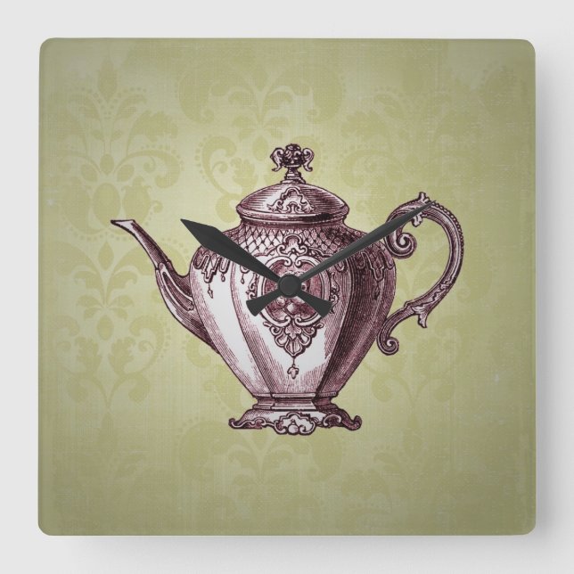 Vintage Victorian Teapot Square Wall Clock (Front)