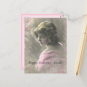 Vintage Victorian Teenage Girl in Pink Birthday Holiday Postcard