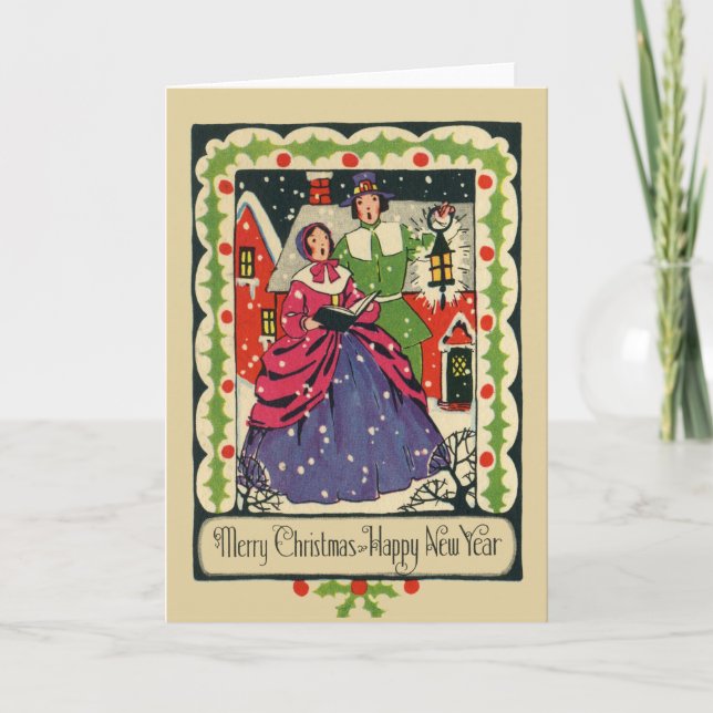 Vintage Victorian Traditional Christmas Caroler Holiday Card (Front)