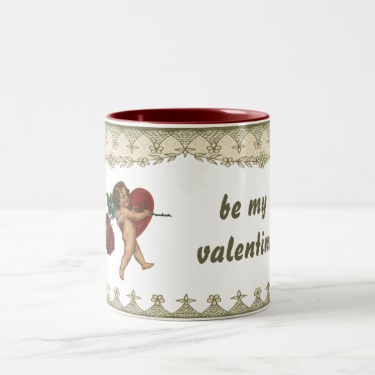 Vintage Victorian Valentines Angel, Red Rose Heart Two-Tone Coffee Mug