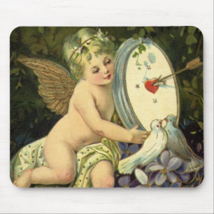 Vintage Victorian Valentines Day, Angel Love birds Mouse Mat