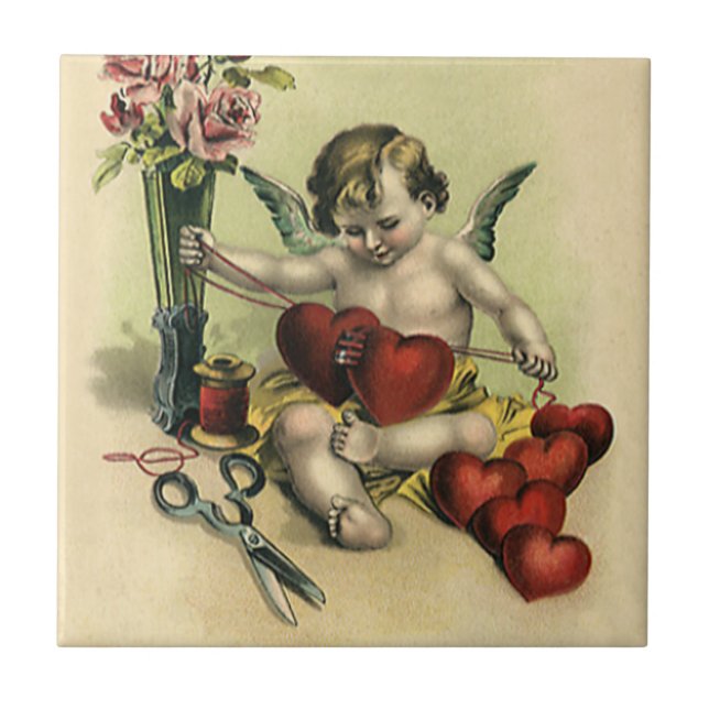 Vintage Victorian Valentine's Day Angel Seamstress Tile (Front)