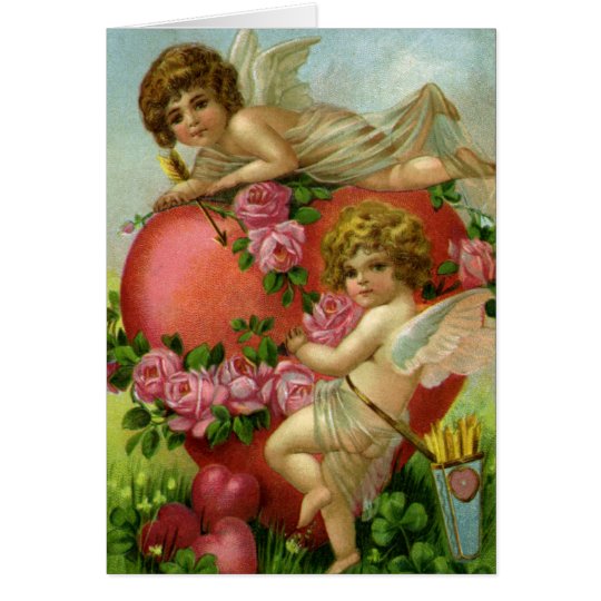 Vintage Victorian Valentines Day Angels Heart Rose Card