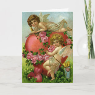 Vintage Victorian Valentines Day Angels Heart Rose Holiday Card