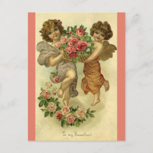 Vintage Victorian Valentine's Day, Angels Roses Holiday Postcard