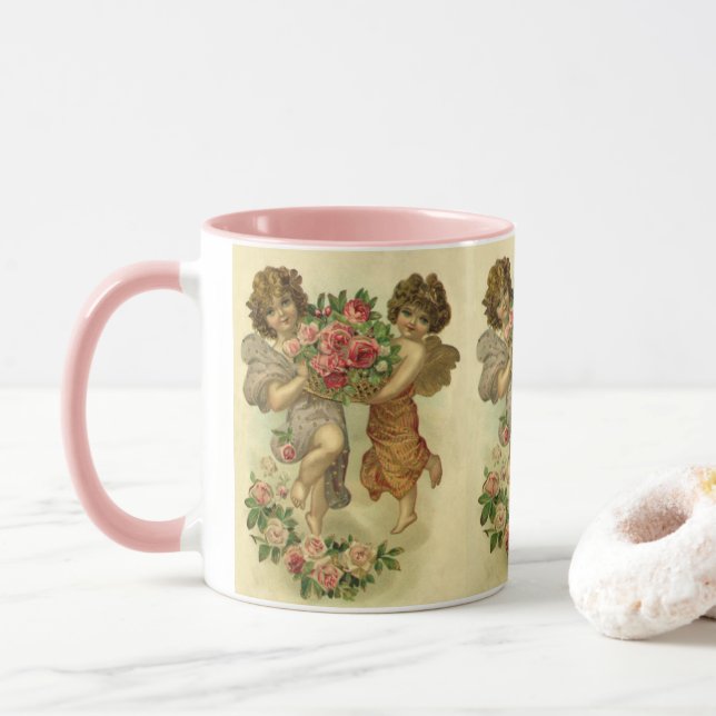 Vintage Victorian Valentine's Day, Angels Roses Mug (With Donut)