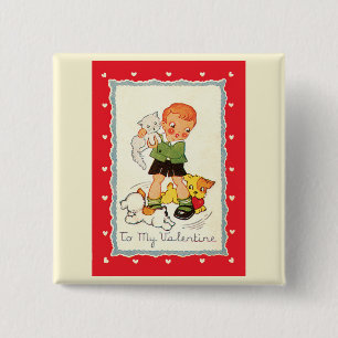 Vintage Victorian Valentines Day Boy, Cat and Dogs 15 Cm Square Badge