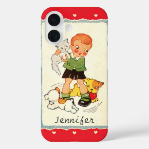 Vintage Victorian Valentines Day Boy, Cat and Dogs iPhone 16 Case