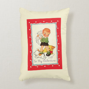 Vintage Victorian Valentines Day Boy, Cat and Dogs Decorative Cushion