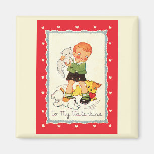 Vintage Victorian Valentines Day Boy, Cat and Dogs Magnet