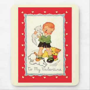Vintage Victorian Valentines Day Boy, Cat and Dogs Mouse Mat