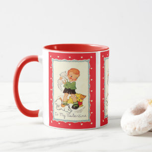 Vintage Victorian Valentines Day Boy, Cat and Dogs Mug