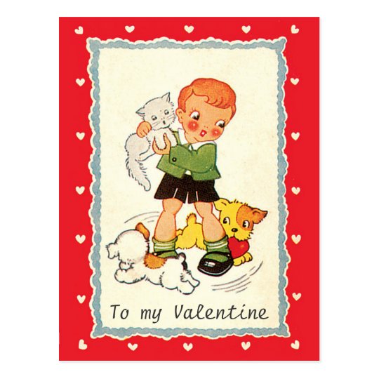 Vintage Victorian Valentines Day Boy, Cat and Dogs Postcard