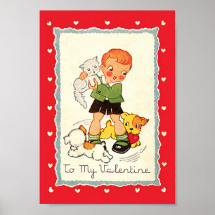 Vintage Victorian Valentines Day Boy, Cat and Dogs Poster