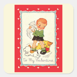Vintage Victorian Valentines Day Boy, Cat and Dogs Square Sticker