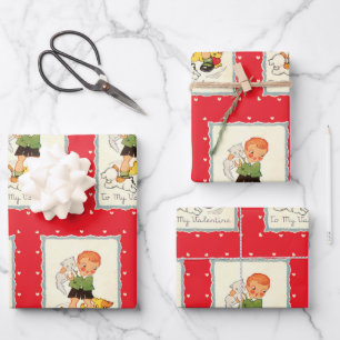 Vintage Victorian Valentines Day Boy, Cat and Dogs Wrapping Paper Sheet