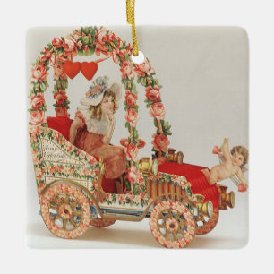 Vintage Victorian Valentines Day, Car with Flowers Ceramic Tree Decoration