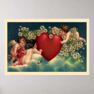 Vintage Victorian Valentines Day Cherubs in Heaven Poster