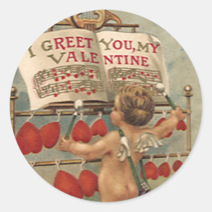 Vintage Victorian Valentines Day, Cupid and Hearts Classic Round Sticker