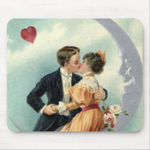Vintage Victorian Valentine's Day Kiss on the Moon Mouse Mat