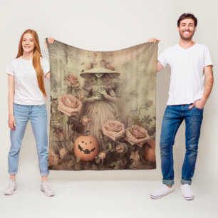 Vintage Victorian Witch Pumpkin Roses Fleece Blanket